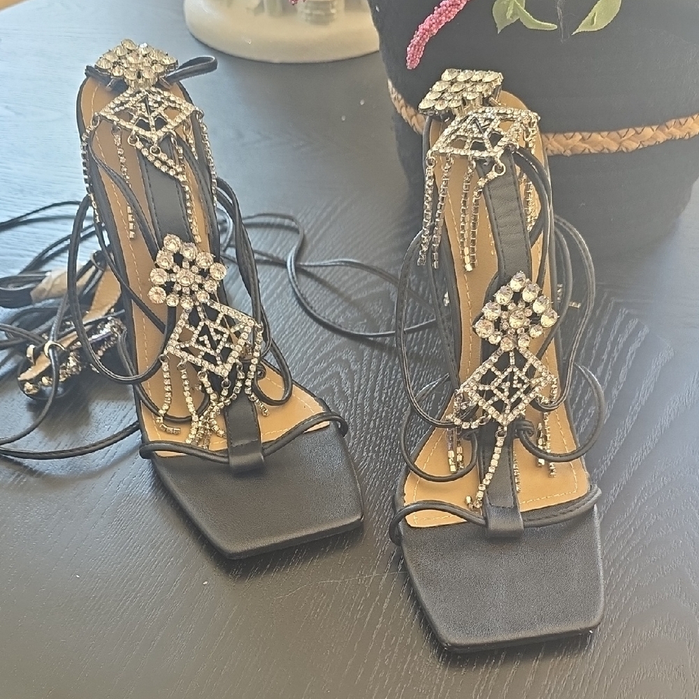 Fashion Nova Black Jeweled Lace-Up Heeled Sandals